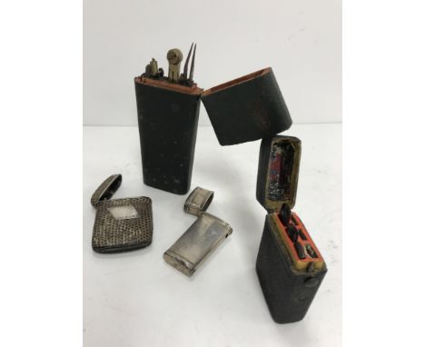 A 19th Century shagreen covered etui with three various tortoiseshell knives, another similar shagreen type covered box conta