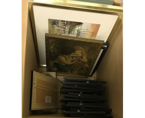 A box of various prints including Royal Horticultural Society botanical studies x 4, two Oriental watercolours of thatched bu