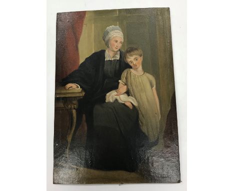 19TH CENTURY ENGLISH SCHOOL "Mother and child seated by a table", a portrait study, oil on board, unsigned, 24 cm x 16.6 cm, 