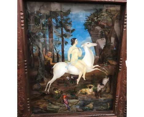 ARTS AND CRAFTS SCHOOL "Woman seated on a doe with fawn in background together with fox in a tree, exotic bird, dog and goat 