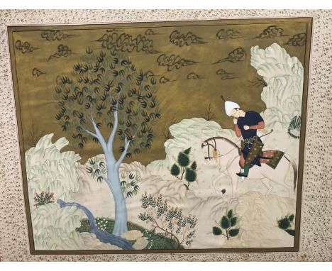 20TH CENTURY INDIAN SCHOOL "Hunter on horseback with bow and arrow by tree and stream", watercolour gouache on canvas, laid o