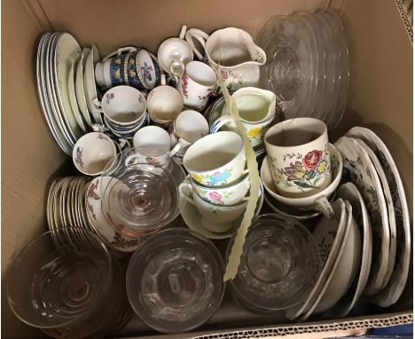 A box containing assorted china wares to include Copeland Spode "Battersea" coffee cups and saucers, various glassware, etc, 