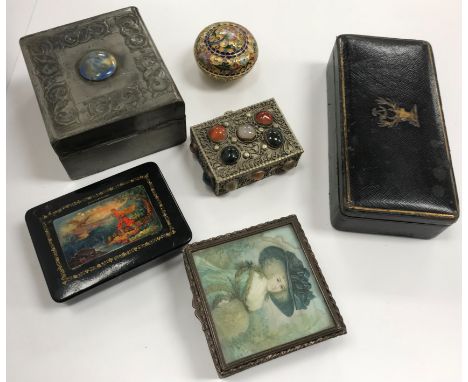 A box of sundry items to include a pewter mounted cigarette box in the Art Nouveau style with Ruskin style pottery medallion 