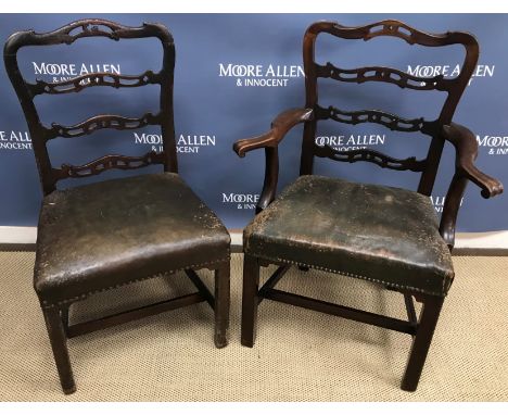 Two mahogany framed Chippendale style pierced ladder back dining chairs with leather seats on square supports (one with arms)