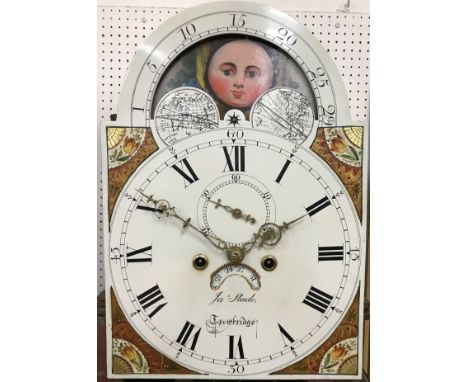 A 19th Century mahogany cased long case clock, the eight day movement with enamelled and painted arched dial with sun and moo