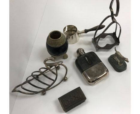 A small collection of various plated wares to include a bosun's whistle of typical form, leather mounted glass and plated hip