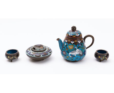 A group of four items of Japanese enamel comprising a small champleve decorated censer and cover, 8cm; a small cloisonne teap