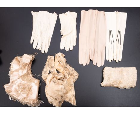 Beads and gloves: various loose and broken strains of glass beads and mother of pearl discs , leather glove and various other