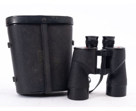 A pair of WWII Canadian military binoculars, C.G.B 7x50, 25678-C, R.E.L/ Canada 1945 with military arrow and black plastic ca