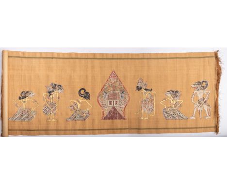 A hand painted Javanese Wyang Kulit (puppet) scene on linen, 48.5 x 128cm.


