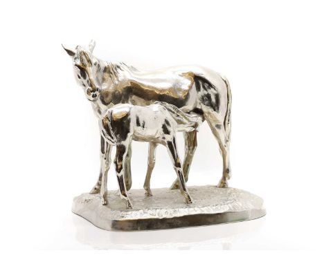 A Soviet Kasli foundry steel sculpture, dated 1968, modelled as a horse and foal, signed in Cyrillic to the base and stamped 