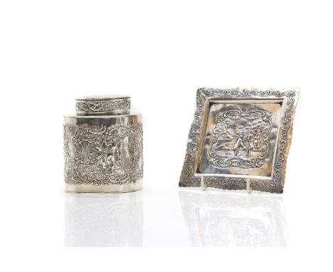 A Dutch silver tea caddy 19th century, struck 800, of oval form, the sides and cover chased and embossed with classical scene