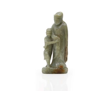 A Chinese jade group, 20th century, of Kuixing by the side of a literatus on clouds, 17.5cm highCondition ReportInclusions to