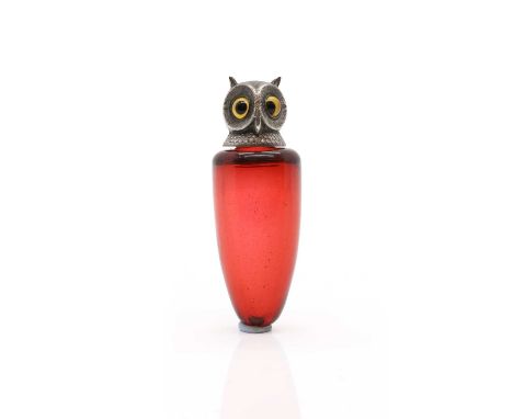 A Victorian silver-mounted glass scent bottle, by Sampson Mordan &amp; Co, London 1894, modelled as an owl with coloured glas