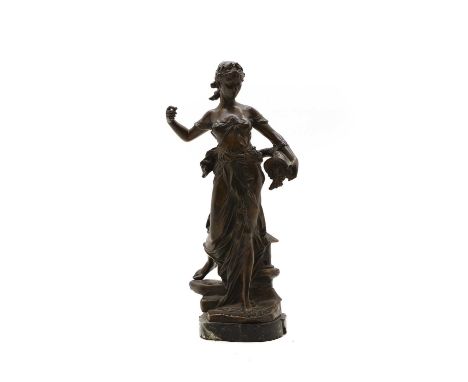 After Edouard Drouout 'Mutualité', a bronze figure of a Classical lady holding a cornucopia, on a veined marble base, signed,