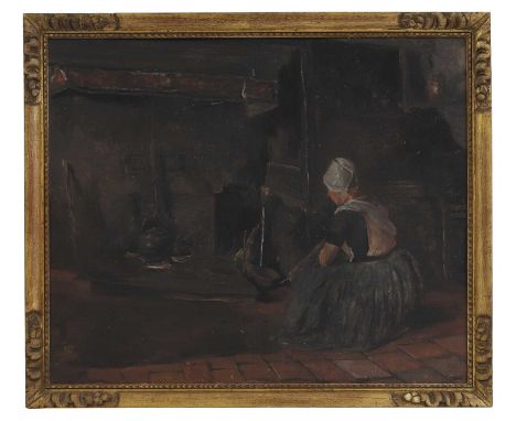 Dutch School (late 19th century) A maid seated beside an open fire, unsigned, oil on canvas laid on board, 44 x 52cm, framed 