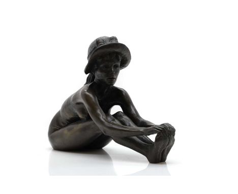 ▲ Tom Greenshields (1912-1994) 'Anya's Hat', a cast bronzed figure of a seated girl wearing a hat, numbered 9/350, with Portl