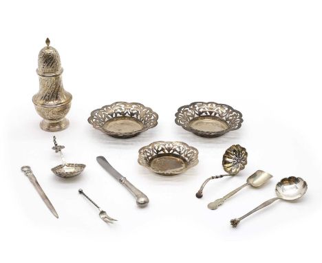 A collection of silver items, comprising a Danish Sterling silver spoon,by Dansk Guldindustri Randers, 1950s, with a pierced 