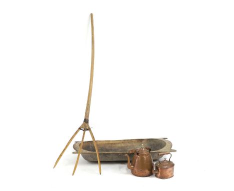 A Hay rake,  170cm,together with a dough trough, 103cm wide;and two copper kettles35cm and 23cm high (4)Condition ReportWear 
