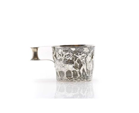 A silver repousse mug, by George Nathan &amp; Ridley Hayes, Chester, 1903, decorated in relief with a pastoral scene, 9cm wid