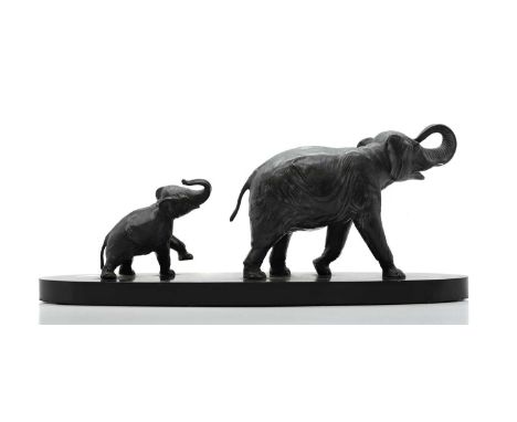 ▲ Irénée Rochard (French, 1906-1984) a naturalistic bronze modelled as an elephant and calf, on an oval painted metal base, 2