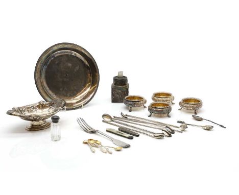 A collection of silver items   to include a silver bon bon dish by James Dixon & Sons, Sheffield 1954, with pierced decoratio