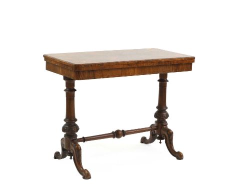 A Victorian inlaid burr-walnut card table, with a rectangular hinged and folding top, over carved supports, 87cm wide 46.5cm 