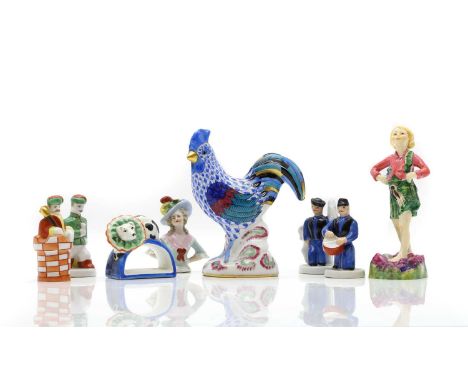 A group of five Herend porcelain figures mid 20th century, comprising five men, the largest 8.5cm high, and a cockerel, 13.5c