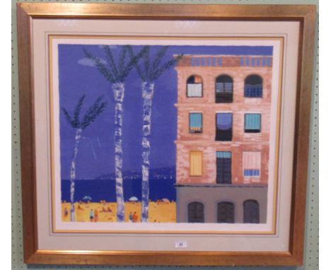 A contemporary framed and glazed vibrant limited edition print, 224/275 titled 'Barcelona', indistinctly signed bottom right.