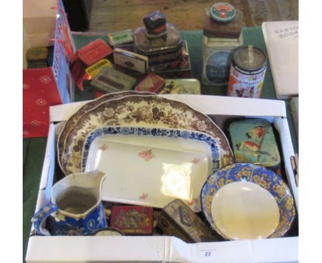 A collection of decorative advertising tins and other ceramic items, to include: four large plates and a Royal Doulton steppe