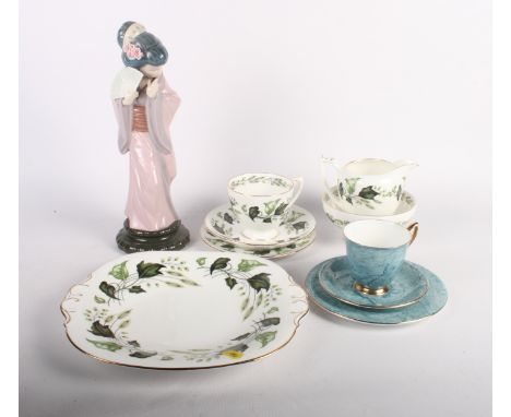 A Lladro oriental figure, an oriental blue and white vase, two Sadler ginger jars, a Coalport teaset decorated green leaves, 