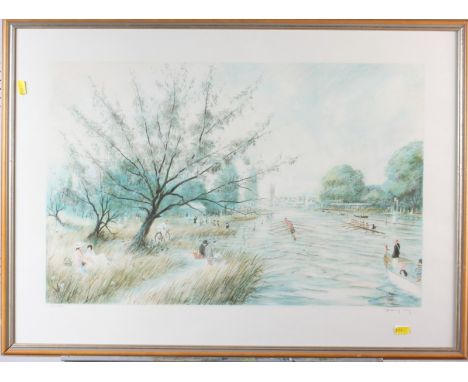 Graham: a pencil signed coloured print, beach scene, and another pencil signed coloured print, boat race, by Jeremy King, 124