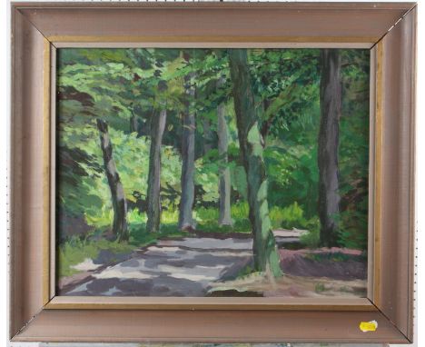 Leslie Broadhurst: watercolours, "Roadside Trees", 10 1/2" x 17", in brown and gilt frame