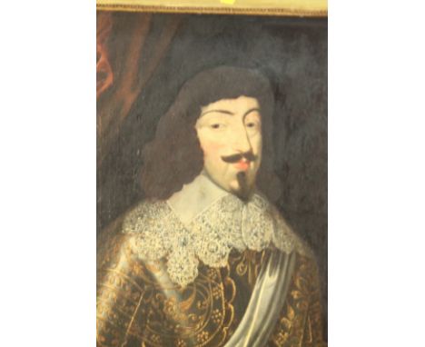 An 18th Century oil on canvas, portrait of a 17th Century Louis XIII in gilded armour with lace collar, 29" x 23", in gilt fr