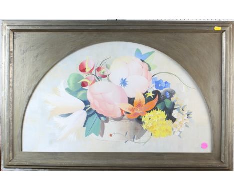 L R Hobdell: a gouache, still life of a bowl of flowers, signed and dated 1932, 17" x 29", in semicircular mount and silvered