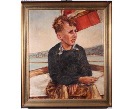 Jen: oil on canvas, portrait of a young boy seated in the prow of a ship, 23" x 19 1/2", in gilt frame