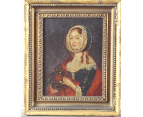 An early 18th Century continental oil on oak panel, portrait of a girl with lace collar and wreath of flowers, 7 1/2" x 5 3/4