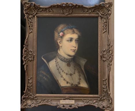 JOSEF KINZEL 1852-1925, AUSTRIAN, OIL ON CANVAS - PORTRAIT OF LADY WEARING JEWELLERY WITH ROSE IN HER HAIR, SIGNED 43CM X 52C