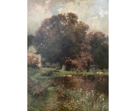 WILLIAM ALFRED GIBSON 1866-1931 OIL ON CANVAS - COUNTRY LANDSCAPE WITH POND, SIGNED 51CM X 70CM - VERY GOOD CONDITION WITH 1 