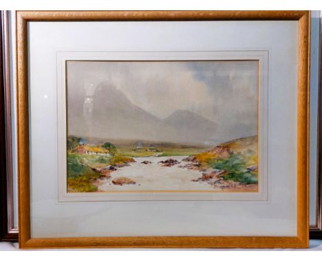 William Bingham McGuinness R.H.A (1849-1928) -Landscape with Thatched Cottages by Lough - Watercolour - signed B. McGuiness l