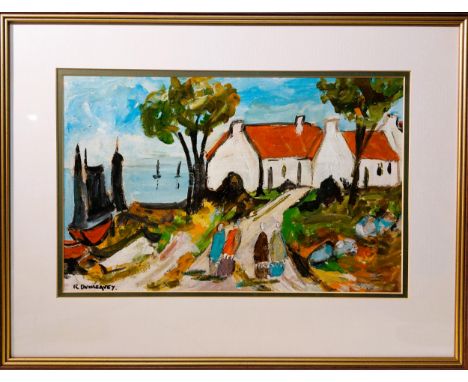 R. Dunleavey - White gabled cottages with figures and boats -Oil on Board- signed lower left Framed and double mounted and gl