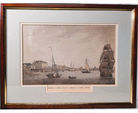 Marine School DUBLIN Looking up the Liffey, Coloured Engraving by Ja.s Malton Showing The Hibernian Marine Society's School f