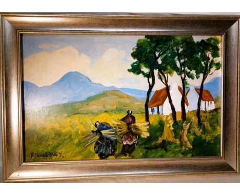 R. Dunleavey Oil on Board Harvest time signed lower left Frame size 15 ½ ” high by 22 ½ ” wide 