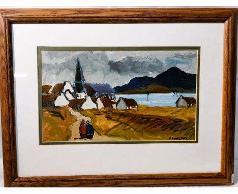 R. Dunleavey Oil on Board White gabled cottages and Church Framed and glazed signed Frame size 15” high by 19 ½ ” wide 