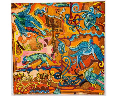 A modern colourful rendition of mythical Celtic style creatures ECR 2004. Monogrammed on the canvas and reverse. Unframed Lim