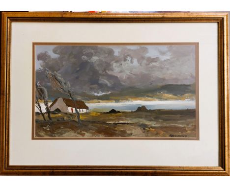 R. Dunleavey Oil on Board White gabled cottage in a storm signed lower right Framed and glazed Frame size 19 ½ by 15” wide 