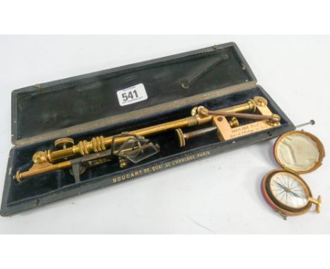 19th century brass optician's instrument by Boucart Paris in fitted box together with small brass pocket compass in red leath
