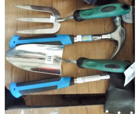 New claw hammer, new axe, new stainless steel hand trowel and fork 