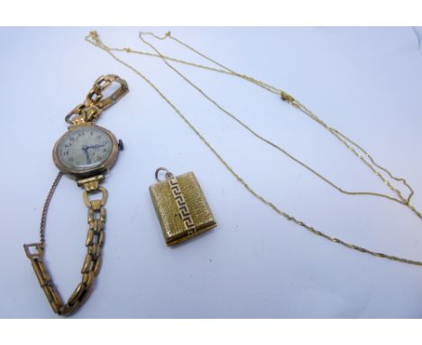 Lady's vintage 9 carat rose gold wristwatch on plated strap, two fine gold neck chains and a yellow metal locket inset with p
