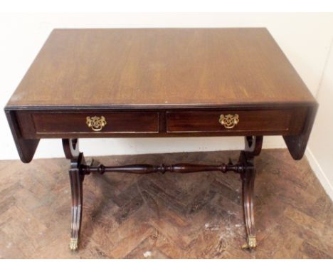 Georgian style reproduction mahogany sofa table fitted two drawers on cross stretcher base. 3' wide